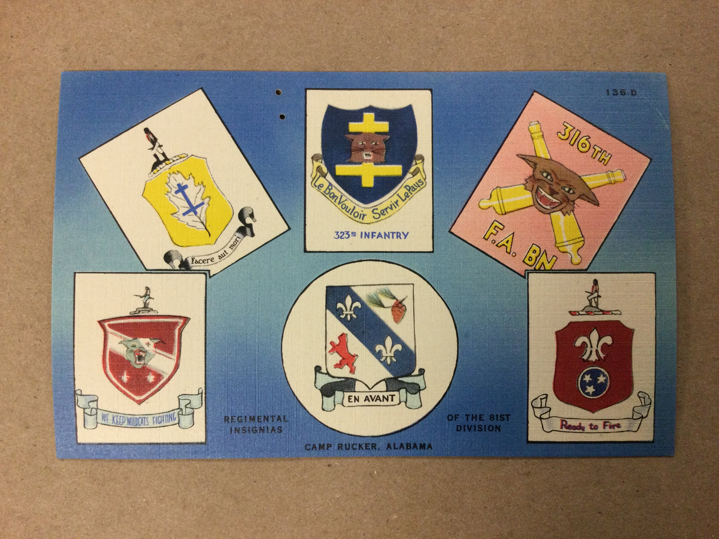 VINTAGE - Post Card - Regimental Insignias of 81st Div. Camp Rucker, AL