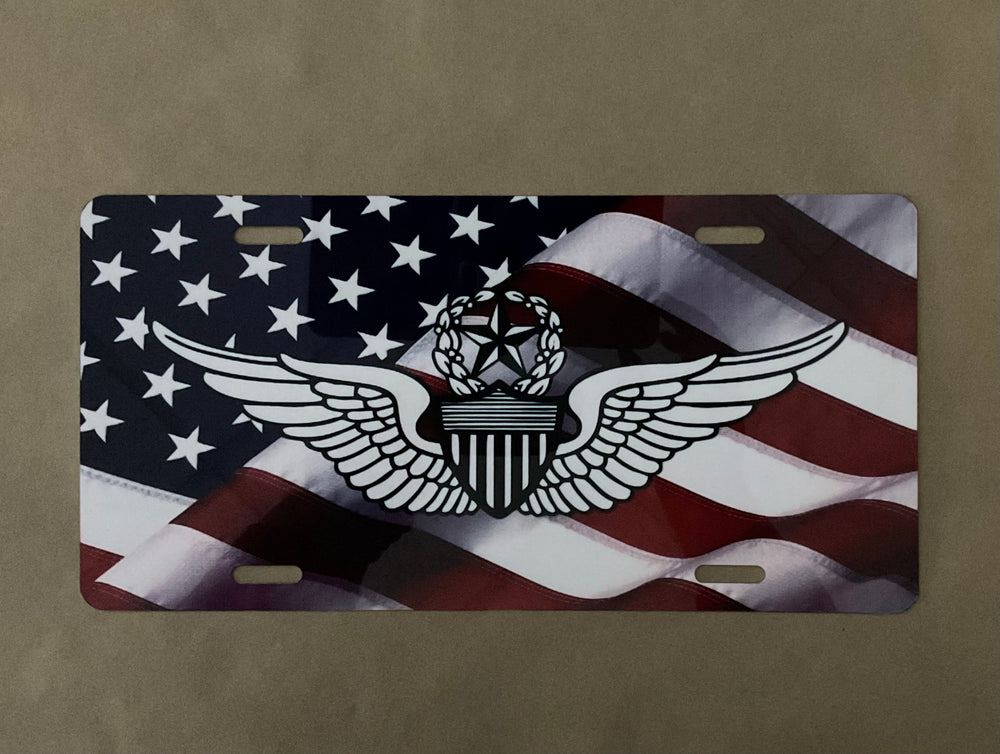 Red, White and Blue Flag with Master Aviator Wings License Plate