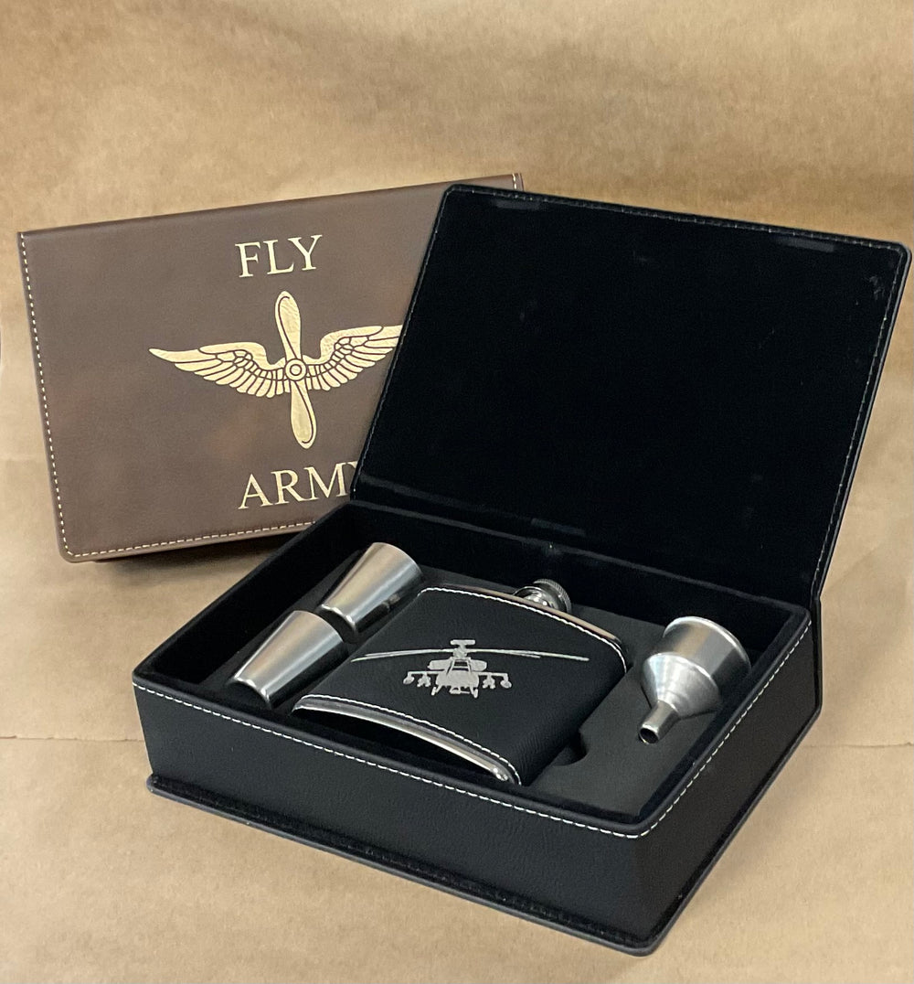 Leatherette Flask Set with AH-64 Apache Engraving