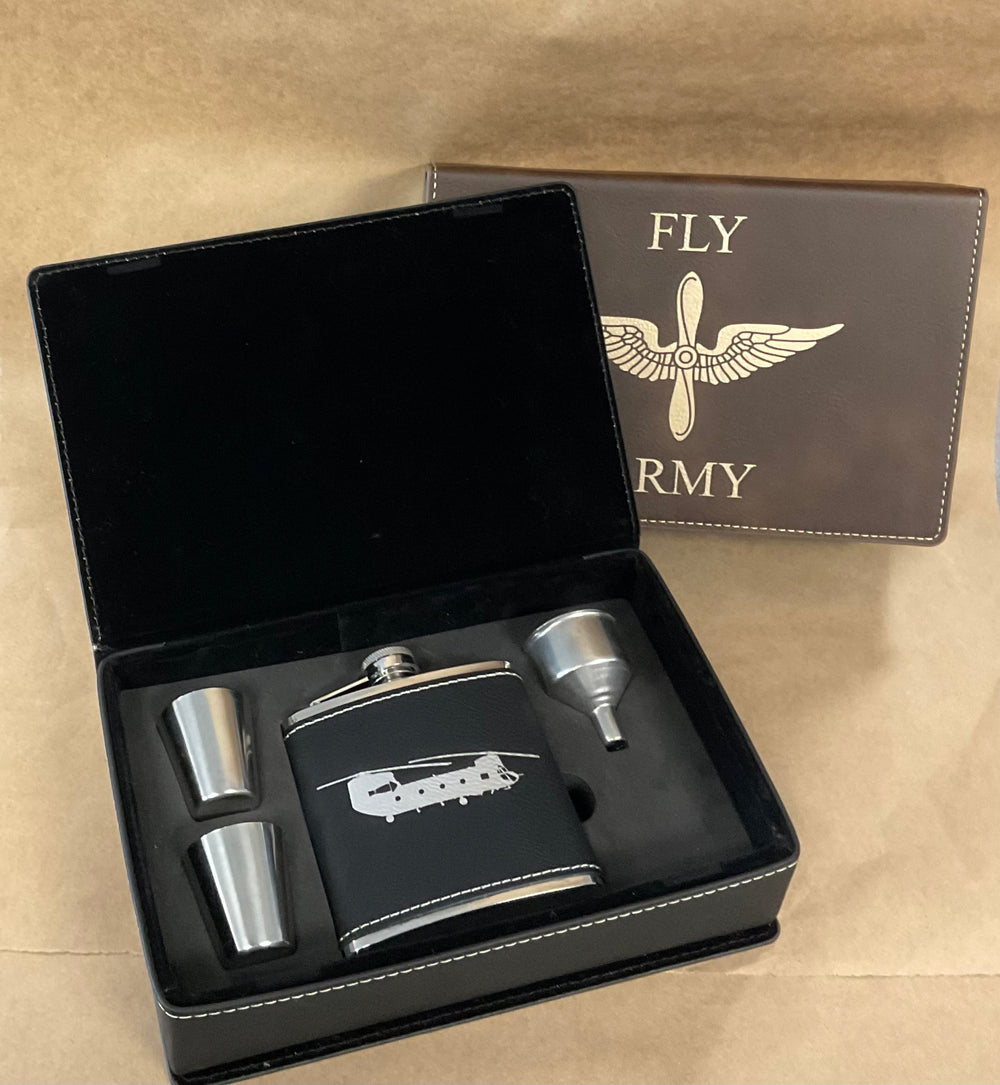 Leatherette Flask Set with CH-47 Chinook Engraving