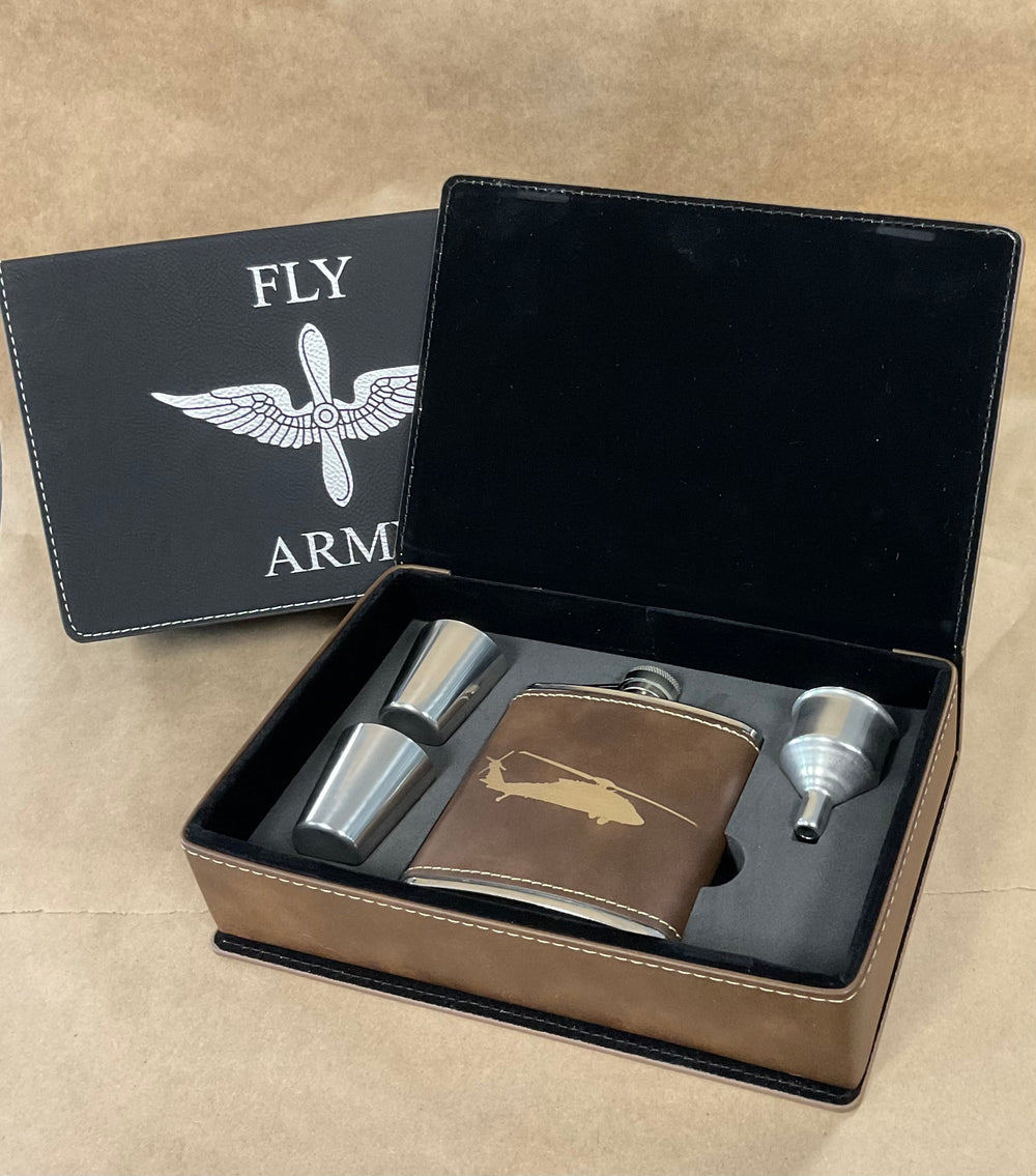 Leatherette Flask Set with UH-60 Black Hawk Engraving