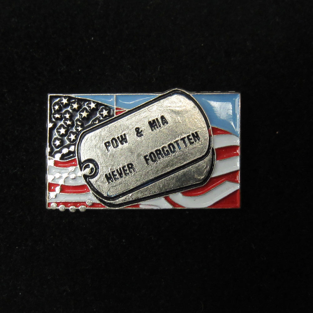 POW & MIA Never Forgotten Lapel Pin with US Flag