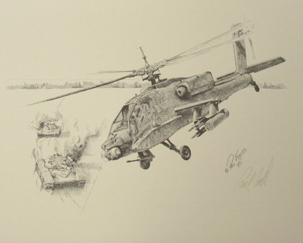 AH-64 Apache Helicopter with T-72 Tank Print by Paul Fretts