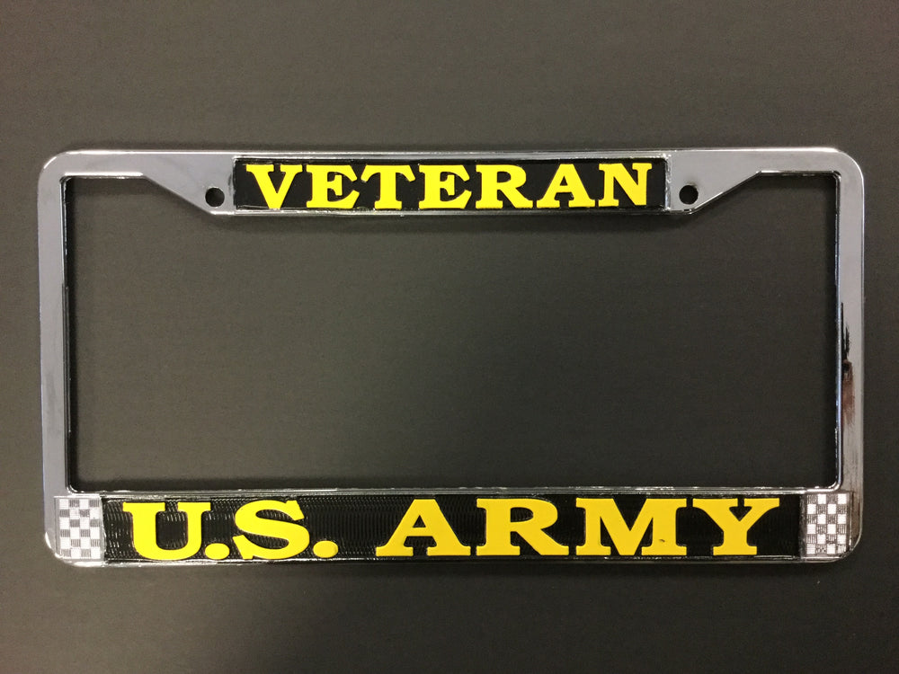 Veteran U.S. Army in Gold on Black, Chrome License Plate Frame