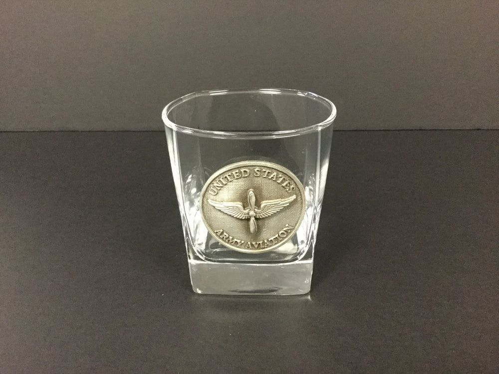 Rocks Glass with Pewter Army Aviation Insignia Emblem