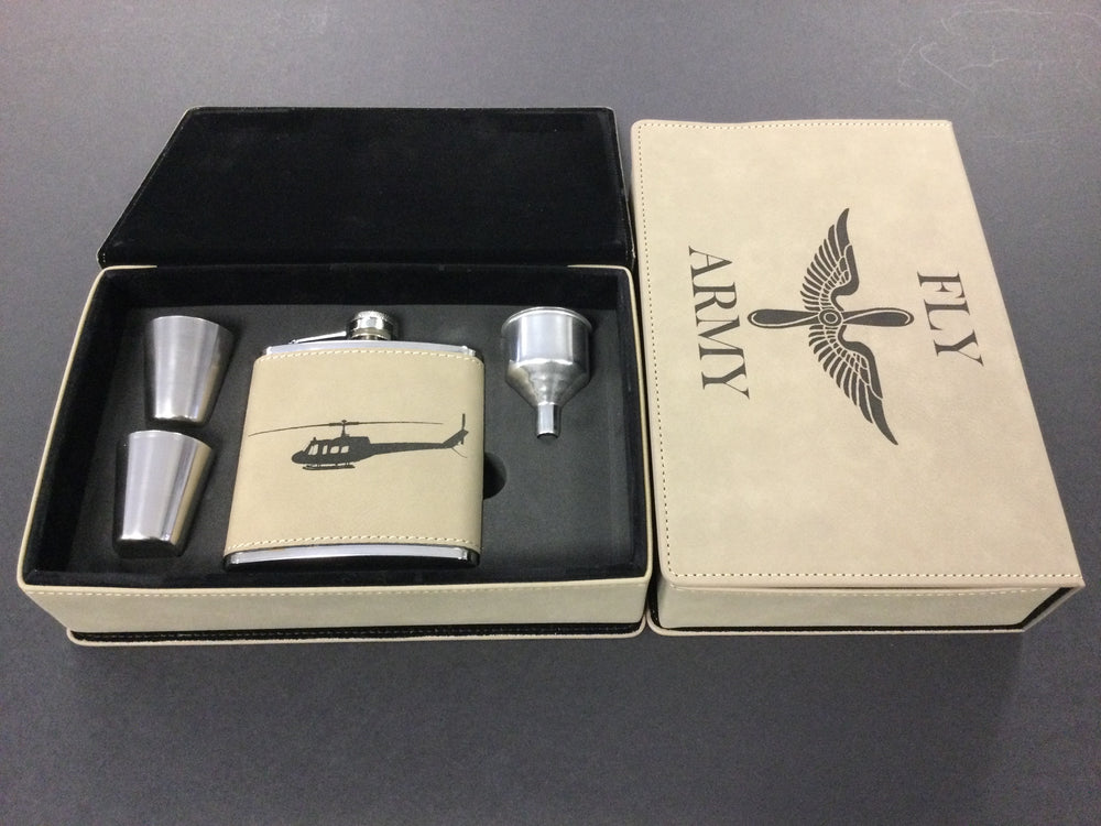 Leatherette Flask Set with UH-1 Huey Engraving