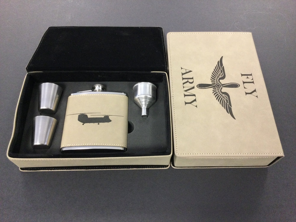 Leatherette Flask Set with CH-47 Chinook Engraving