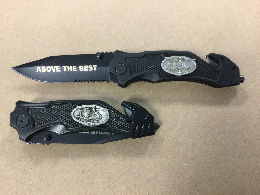 Aviation Rescue Knife with Pewter AH-64 Apache Emblem