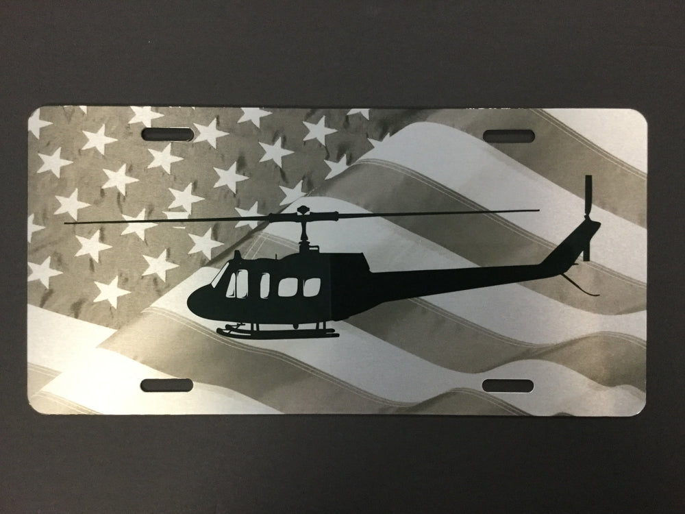 UH-1 Huey License Plate with Flag, Black and White